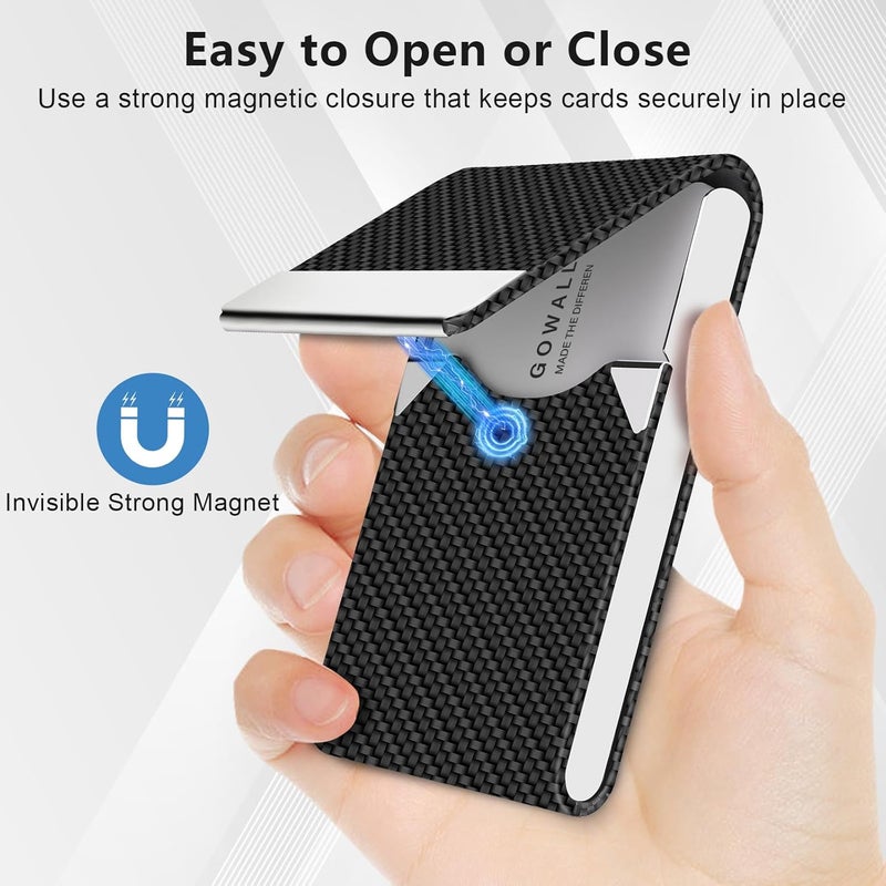 GOWALL Black Carbon Business Card Holder with Magnetic Closure, Slim Metal PU Business Card Case for Men Women, 3.7 x 2.3 inches RFID Blocking Credit Cards Holder for Pocket or Bag Storage - Image 2